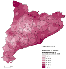 Mapa 4.1. Una societat rural de serveis.  Percentatge d’afiliats en el sector serveis per municipis, 2020