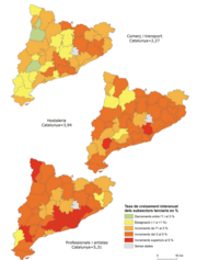Mapa 4.3. Unes lògiques de creixement territorial relativament erràtiques.  Evolució dels llocs de treball dels subsectors de serveis per comarques I,