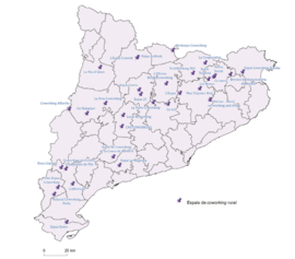 Mapa 3.11. Localització de centres de coworking; Projecte Cowocat, 2021