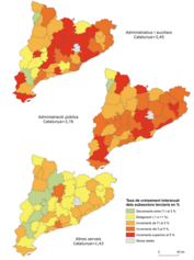 Mapa 4.4. Unes lògiques de creixement territorial relativament erràtiques.  Evolució dels llocs de treball dels subsectors de serveis per comarques II