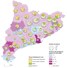 Mapa 4.8. L’especificitat de l’oferta d’allotjaments rurals. Places en allotjaments de turisme rural  segons tipologia per comarques, 2020, i evolució