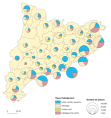 Mapa 4.7. Un turisme d’interior relativament minúscul en el context comarcal.  Places ofertes segons tipus d’allotjament per comarques, 2020