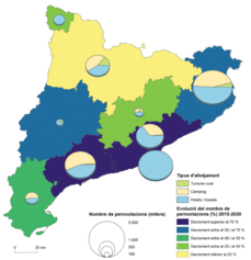 Mapa 4.9. Els Pirineus aguanten la crisi turística.  Evolució de les pernoctacions per marques turístiques; hotels, càmpings i allotjaments rurals, 20
