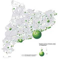 Mapa 4.13. El desconeixement de les terres interiors. Llocs d’interès per municipis segons Tripadvisor, 2017 