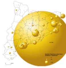 Mapa 4.14. La manca d’atractiu de les terres interiors.  Nombre de visites dels llocs d’interès per municipis segons Tripadvisor, 2017